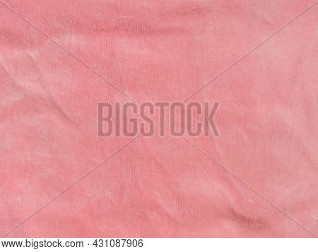 Pink Color Velvet Fabric Texture Top View. Female Blog Rose Velour Background. Smooth Soft Fluffy Ve