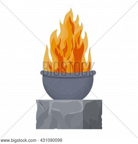 Fireplace, Medieval Castle Torch On Stone In Cartoon Style Isolated On White Background. Textured An