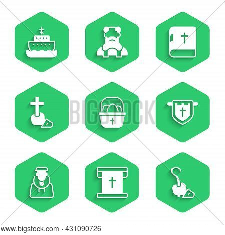 Set Basket With Easter Eggs, Flag Christian Cross, Magic Staff, Monk, Christian, Holy Bible Book And