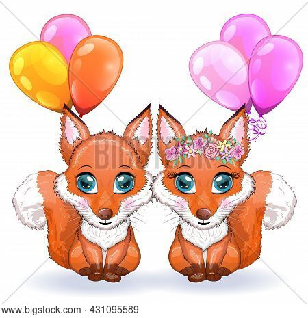 Couple Of Foxes Cute Character With Beautiful Eyes With Balloons, Greeting Card, Love, Valentine's D