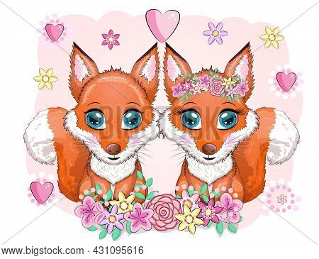 Couple Of Foxes Cute Character With Beautiful Eyes With Balloons, Greeting Card, Love, Valentine's D