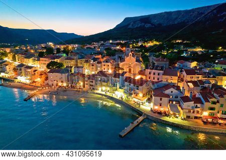 Baska. Aerial Evening View Of Town Of Baska Waterfront. Island Of Krk In Croatia.