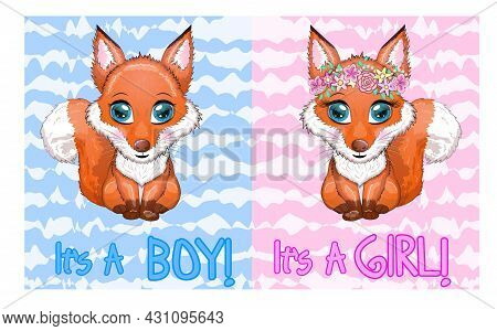 Baby Shower Card Cute Woodland Fox With Flowers And Butterflies On A Pink Background