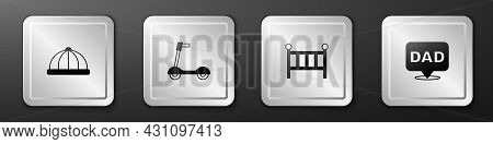 Set Baby Hat, Roller Scooter, Crib Cradle Bed And Speech Bubble Dad Icon. Silver Square Button. Vect