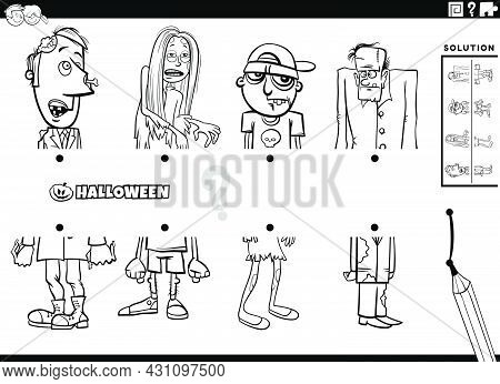 Black And White Ccartoon Illustration Of Educational Game Of Matching Halves Of Pictures With Comic 