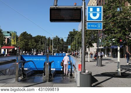 Dusseldorf, Germany - September 19, 2020: People Enter A Subway Station (u-bahn Or Stadtbahn) In Dow
