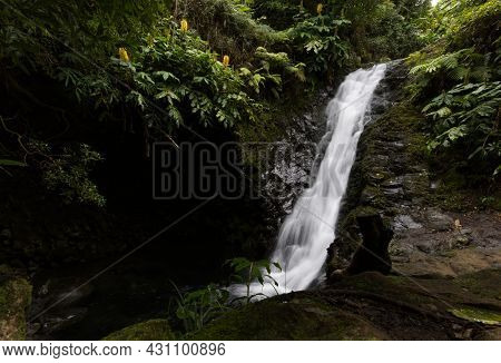 The Pequena Waterfall Of Sao Jorge In The Azores Archipelago. High Quality Photo