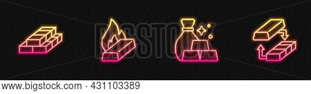 Set Line Bag Of Gold Bars, Stacks Paper Money Cash, Molten Being Poured And Gold Exchange. Glowing N