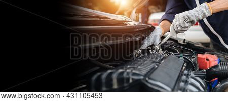 Automobile Mechanic Repairman Hands Repairing A Car Engine Automotive Workshop With A Wrench, Car Se