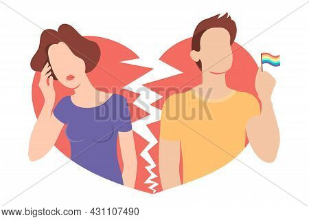 Divorce In The Family, A Guy With A Rainbow Flag And A Sad Girl On The Background Of A Broken Heart.