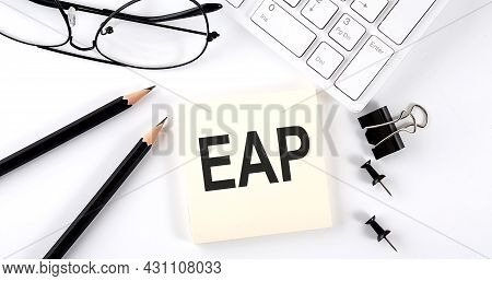 Text Eap On Sticker With Keyboard , Pencils And Office Tools