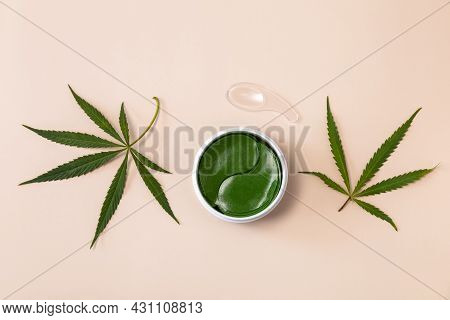 Hydrogel Green Eye Patches In Jar. Hydrogel Anti Aging And Lifting Care. Cannabis Leaf Skincare Cosm