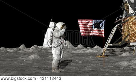 3d Rendering. Astronaut Saluting The American Flag. Cg Animation. Elements Of This Image Furnished B