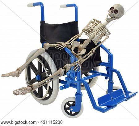 Skeleton Laying Across A Blue Wheelchair Three Quarter View