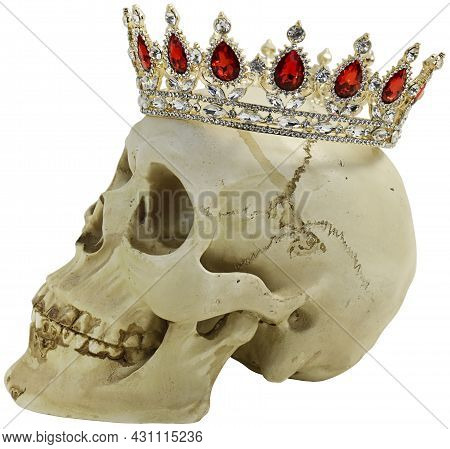 Partially Turned Skull Wearing A Jeweled Golden Crown