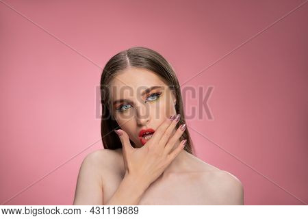 Messing Up Lipstick On Face Fashion Model Beautiful Woman With Long Straight Hair Standing In The St