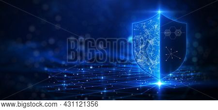 Cybersecurity Technology Privacy Concept To Protect Data. There Is A Shield On The Right Hand Side. 