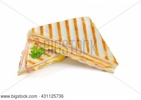 Pressed And Toasted Double Sandwich With Ham And Cheese On White Background