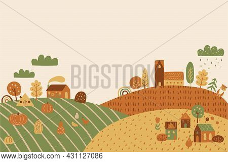 Fall Scenery Autumn Landscape Panorma, Village, Fall Cottage, Garden, Pumpkin, Autumn Houses In Hill