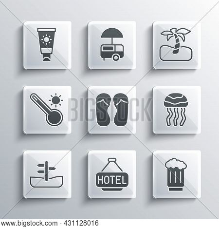 Set Signboard With Text Hotel, Wooden Beer Mug, Jellyfish, Flip Flops, Road Traffic Sign, Meteorolog