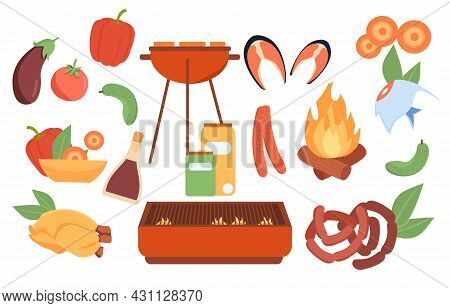 Barbecue Elements Set. Collection Of Equipment For Cooking Bbq. Stickers With Vegetables, Fire, Meat