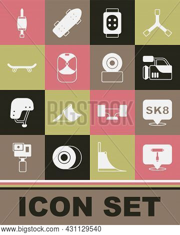 Set Skateboard T Tool, Cinema Camera, Knee Pads, Baseball Cap, Screwdriver And Wheel Icon. Vector