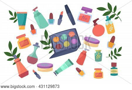 Set Of Colorful Bottles. Jars And Tubes With Organic Cosmetics. Natural Decorative And Care Cosmetic