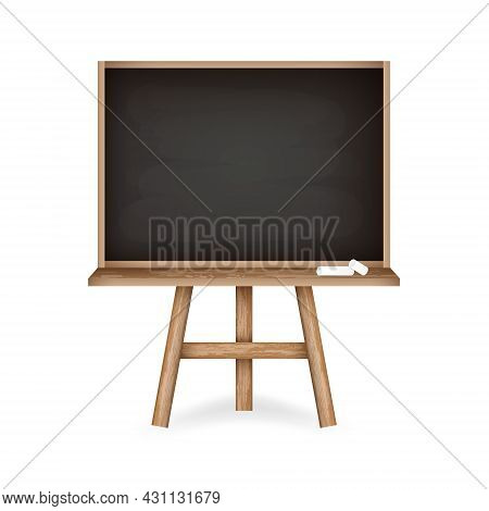 Rubbed Out Chalkboard With Clean Black Space. Realistic Black Chalkboard With Wooden Frame Holder An