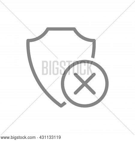 Protective Shield With Cross Mark Line Icon. Dissatisfaction, Negative Assessment Protection System