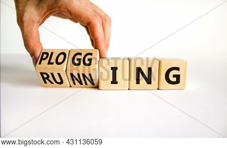 Running Or Plogging Symbol. Runner Turns Wooden Cubes And Changes The Word Running To Plogging. Beau