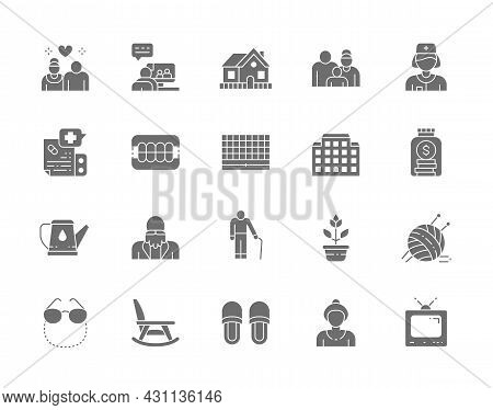 Set Of Nursing Home Grey Icons. Pensioner, Hospital, Seniors, Furniture And More