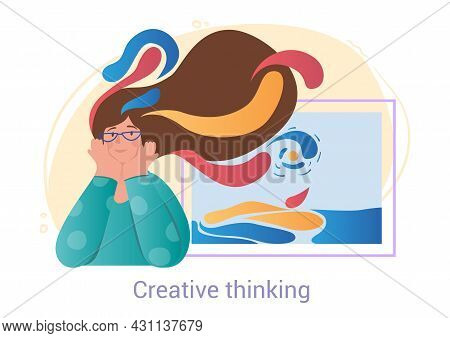 Cute Female Character With Colorful Hair Is Creative Thinking On White Background. Concept Of People