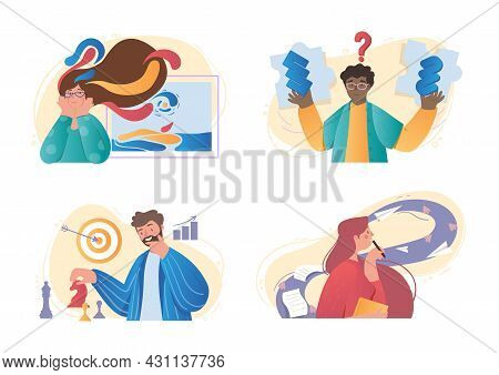 Set Of Male And Female Characters With Different Mental Mindset Models On White Background. Concept 