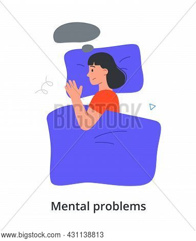 Young Female Character Is Laying Alone In Bed With Mental Problems On White Background. Concept Of P