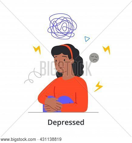 Sad Young Female Character Is Sitting Silently Alone Having Depression On White Background. Concept 