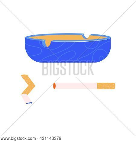 Smoking Flat Composition With Two Cigarettes And Ceramic Ash Tray Isolated Vector Illustration
