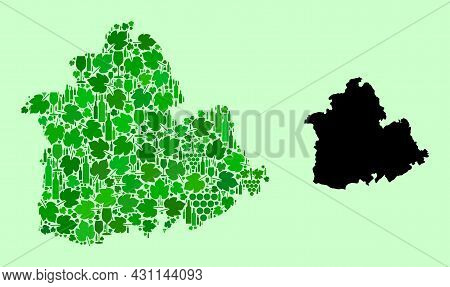 Vector Map Of Sevilla Province. Mosaic Of Green Grape Leaves, Wine Bottles. Map Of Sevilla Province 