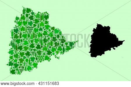 Vector Map Of Telangana State. Mosaic Of Green Grape Leaves, Wine Bottles. Map Of Telangana State Mo