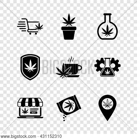 Set Shopping Cart With Marijuana, Marijuana Plant Pot, Test Tube, Online Buying, Or Cannabis Seeds, 