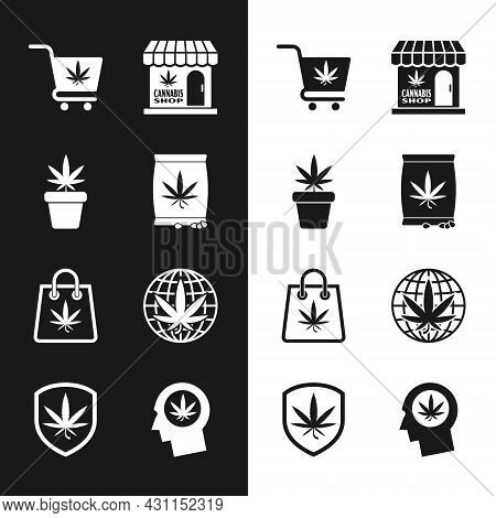 Set Marijuana Or Cannabis Seeds, Plant In Pot, Shopping Cart With Marijuana, And Store, Bag Of, Lega