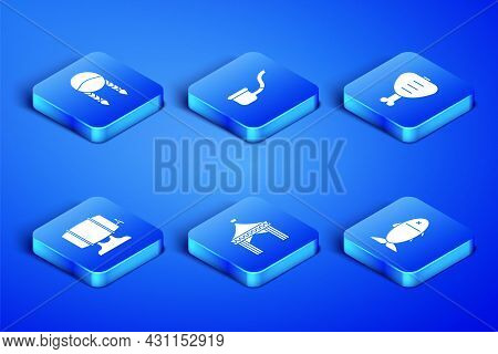 Set Fish, Braid, Camping Tent, Wooden Barrel On Rack, Smoking Pipe And Chicken Leg Icon. Vector