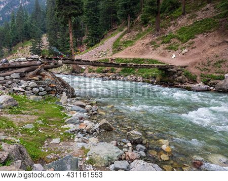 Wooden Bridge On The River In Kalam Bluewater Swat Valley Pakistan