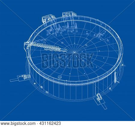 Large Oil Tank With Floating Roof. Vector Rendering Of 3d. Wire-frame Style. The Layers Of Visible A