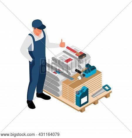 Apartment Repair Isometric Icon With Worker In Uniform Constructon Materials And Tools 3d Vector Ill