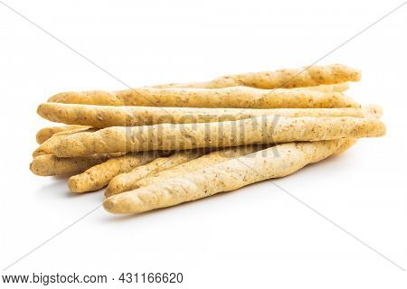 Grissini sticks. Traditional italian bread sticks isolated on white background.