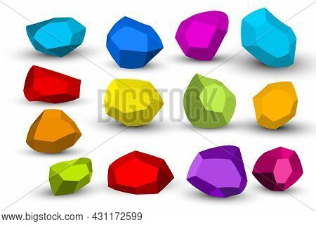 Cartoon Stones. Rock Stone Isometric Set. Colorful Boulders, Natural Building Block Shapes, Wall Sto