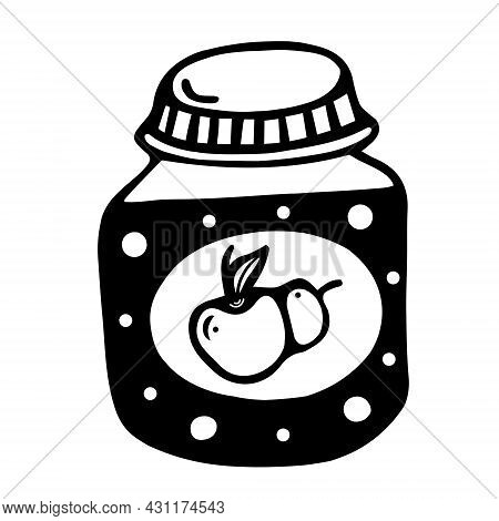 Glass Jar With Applesauce Icon. Hand Drawn Doodle Isolated On White Background. Baby Food For The Fi