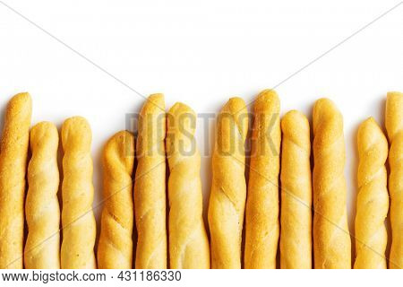 Grissini sticks. Traditional italian bread sticks isolated on white background.