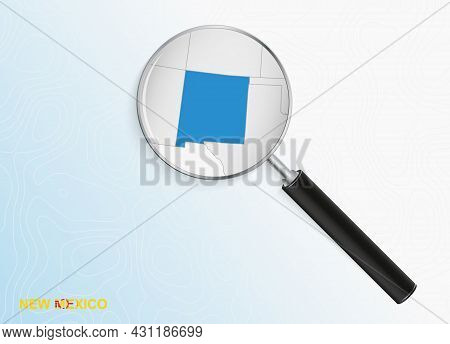 Magnifier With Map Of New Mexico On Abstract Topographic Background. Vector Map.