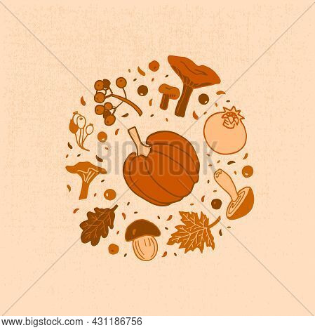 Vector Illustration Of Autumn Harvest. There Are Vegetables, Leaves, Berries, Mushrooms. Picture In 